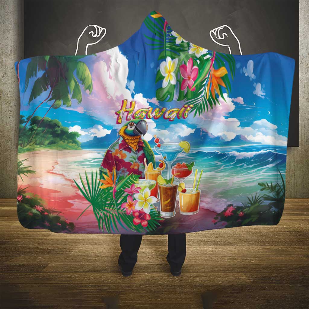 Hawaii Cocktails Hooded Blanket Parrot with Cute Beach Landscape and Tropical Plants