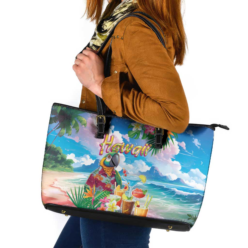 Hawaii Cocktails Leather Tote Bag Parrot with Cute Beach Landscape and Tropical Plants