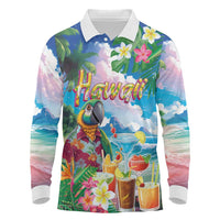 Hawaii Cocktails Long Sleeve Polo Shirt Parrot with Cute Beach Landscape and Tropical Plants
