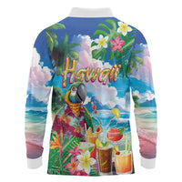 Hawaii Cocktails Long Sleeve Polo Shirt Parrot with Cute Beach Landscape and Tropical Plants