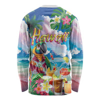 Hawaii Cocktails Long Sleeve Shirt Parrot with Cute Beach Landscape and Tropical Plants