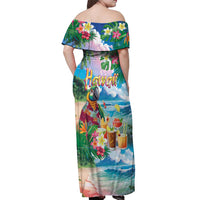 Hawaii Cocktails Off Shoulder Maxi Dress Parrot with Cute Beach Landscape and Tropical Plants