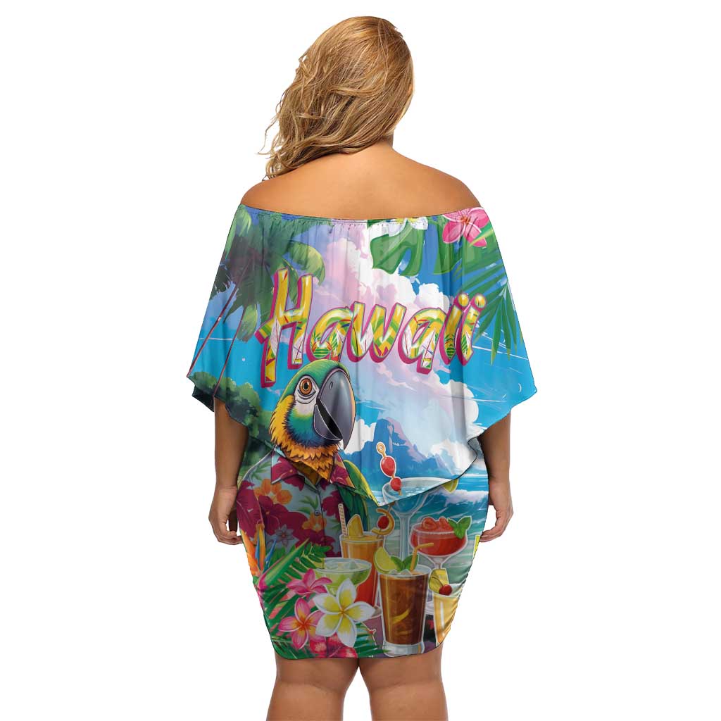 Hawaii Cocktails Off Shoulder Short Dress Parrot with Cute Beach Landscape and Tropical Plants