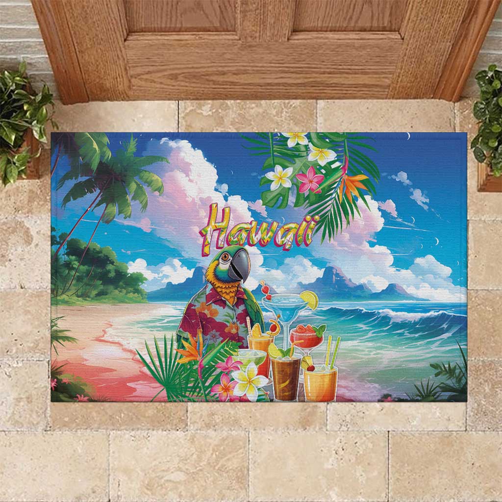 Hawaii Cocktails Rubber Doormat Parrot with Cute Beach Landscape and Tropical Plants