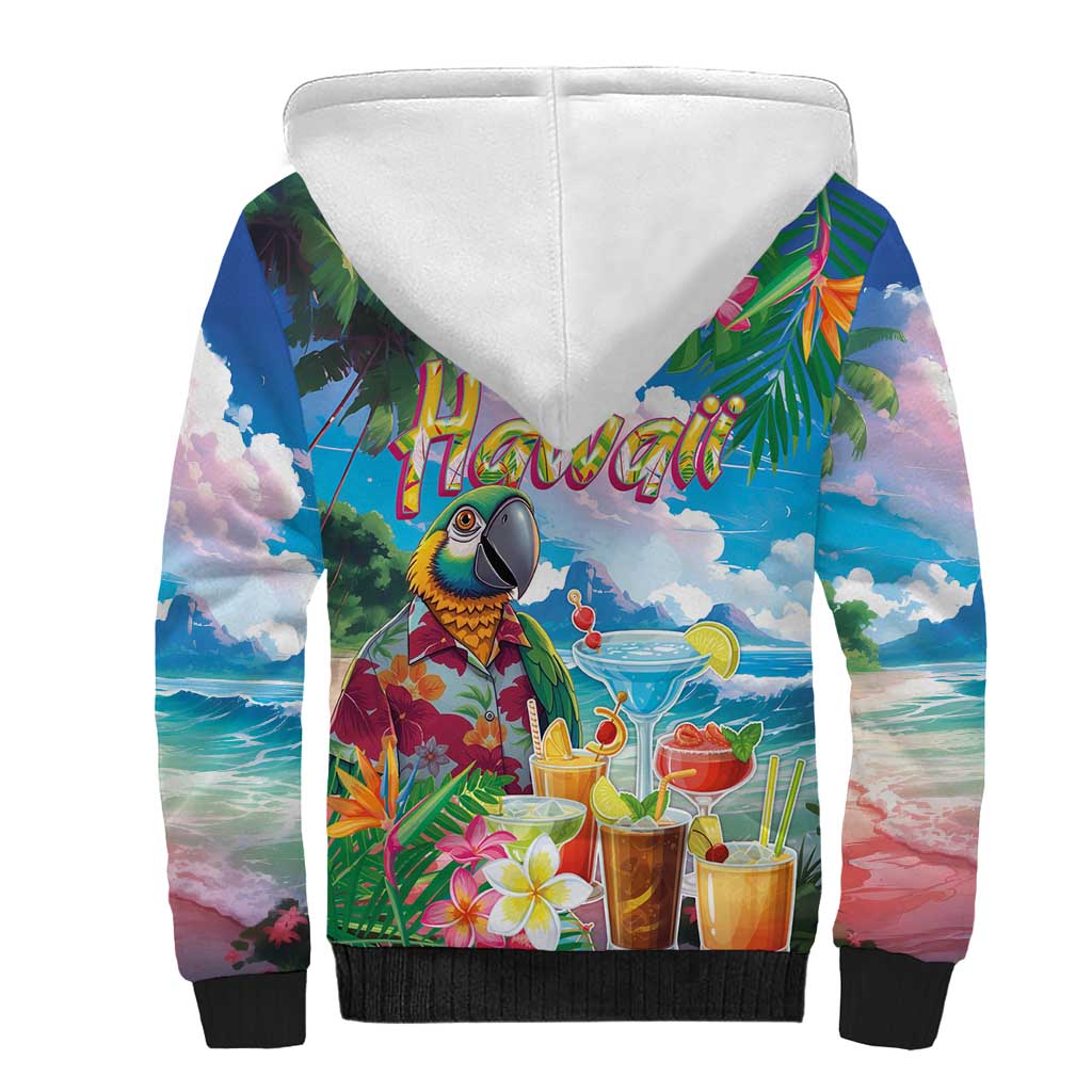 Hawaii Cocktails Sherpa Hoodie Parrot with Cute Beach Landscape and Tropical Plants