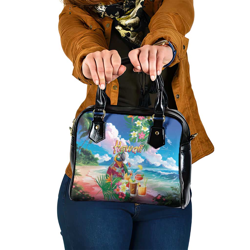 Hawaii Cocktails Shoulder Handbag Parrot with Cute Beach Landscape and Tropical Plants