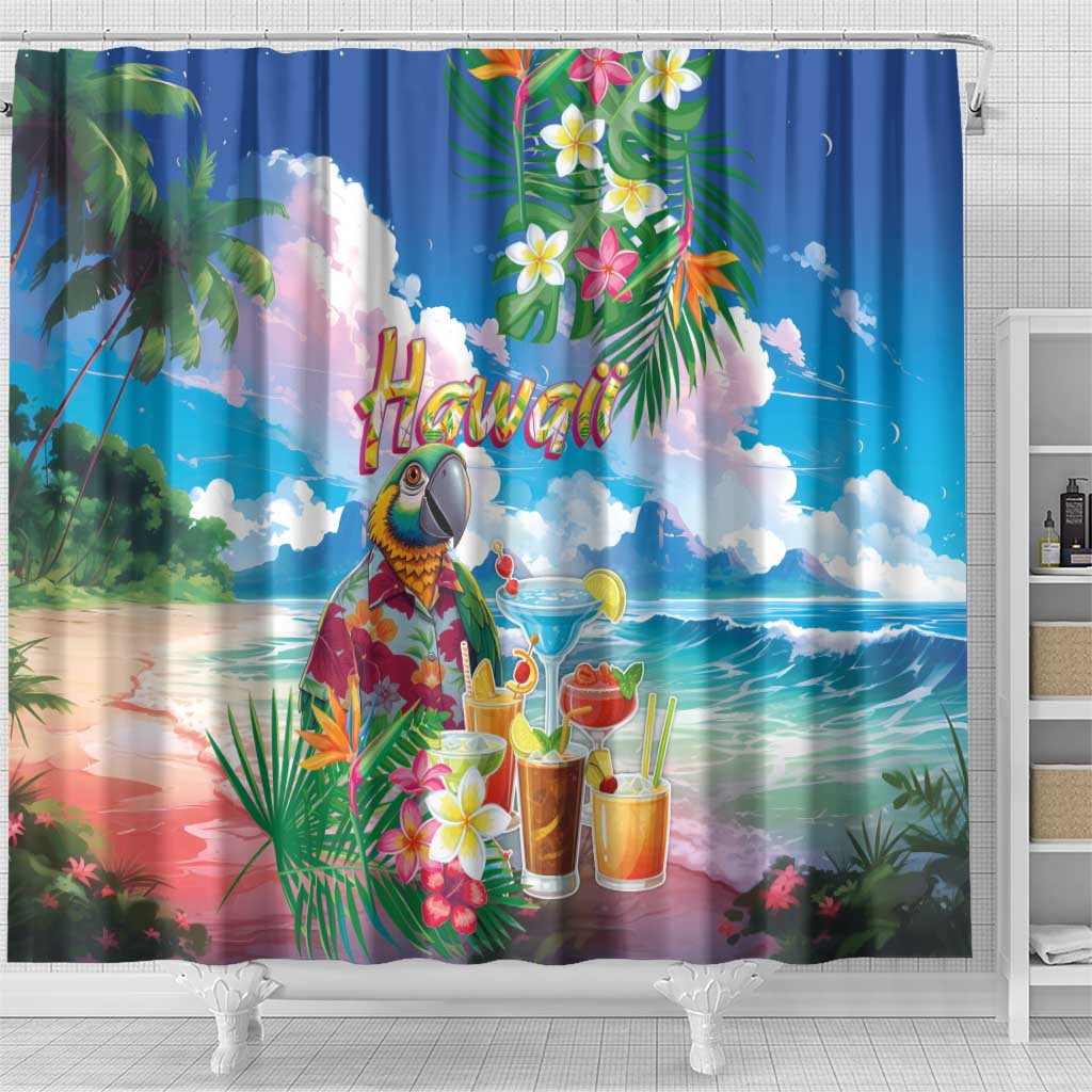 Hawaii Cocktails Shower Curtain Parrot with Cute Beach Landscape and Tropical Plants