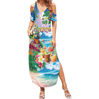 Hawaii Cocktails Summer Maxi Dress Parrot with Cute Beach Landscape and Tropical Plants