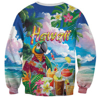 Hawaii Cocktails Sweatshirt Parrot with Cute Beach Landscape and Tropical Plants