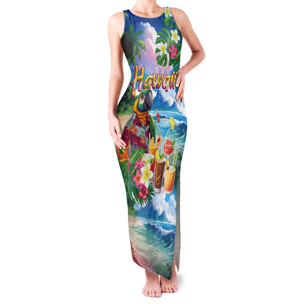Hawaii Cocktails Tank Maxi Dress Parrot with Cute Beach Landscape and Tropical Plants