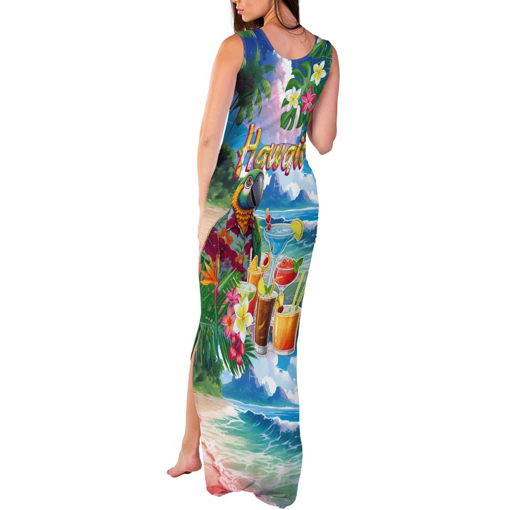Hawaii Cocktails Tank Maxi Dress Parrot with Cute Beach Landscape and Tropical Plants