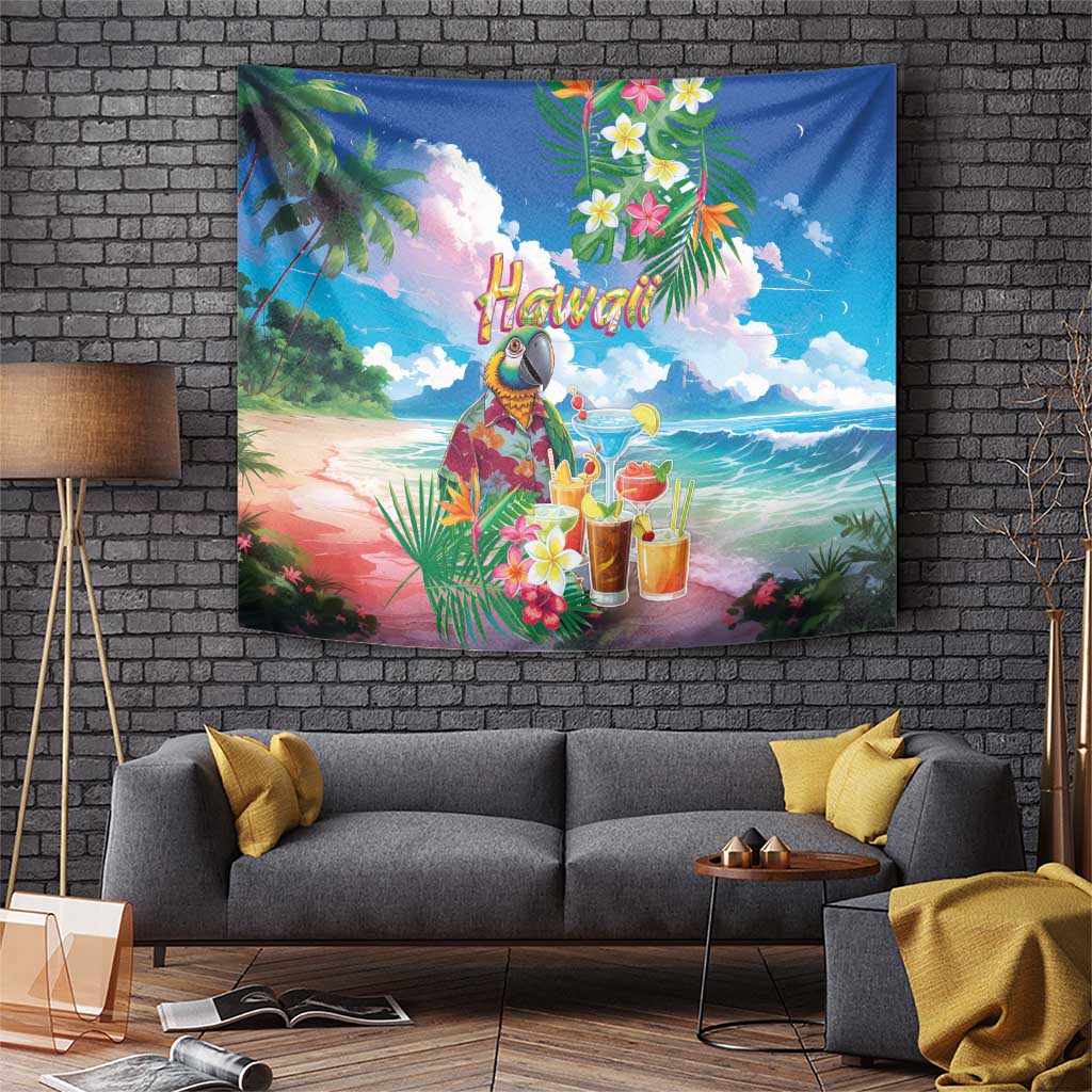 Hawaii Cocktails Tapestry Parrot with Cute Beach Landscape and Tropical Plants