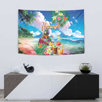 Hawaii Cocktails Tapestry Parrot with Cute Beach Landscape and Tropical Plants