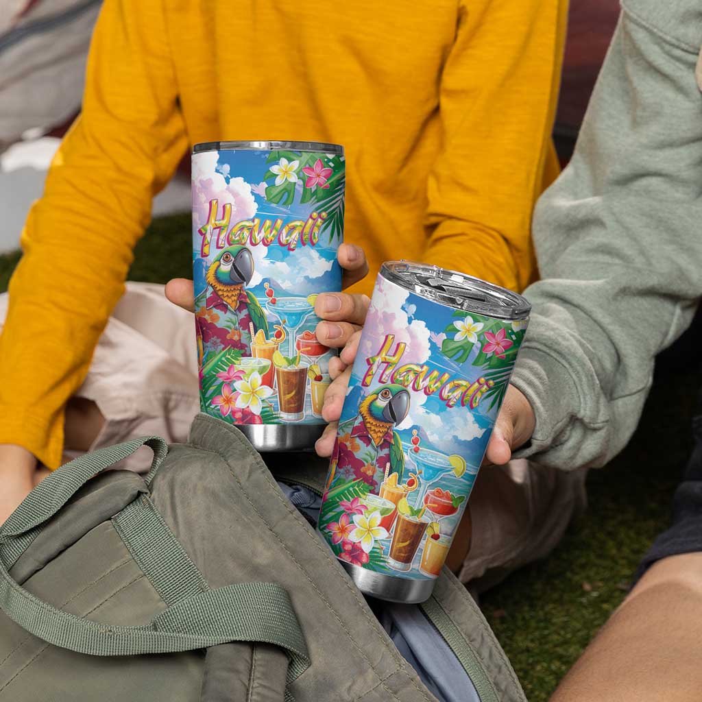 Hawaii Cocktails Tumbler Cup Parrot with Cute Beach Landscape and Tropical Plants
