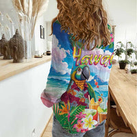 Hawaii Cocktails Women Casual Shirt Parrot with Cute Beach Landscape and Tropical Plants