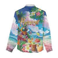 Hawaii Cocktails Women Casual Shirt Parrot with Cute Beach Landscape and Tropical Plants