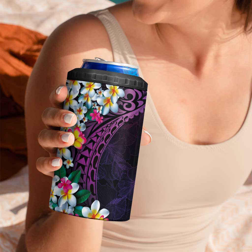 Hawaiian Plumeria-Polynesian Art Tattoo Mauve Color 4 in 1 Can Cooler Tumbler