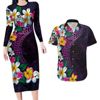 Hawaiian Plumeria-Polynesian Art Tattoo Mauve Color Couples Matching Long Sleeve Bodycon Dress and Hawaiian Shirt