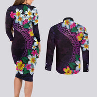 Hawaiian Plumeria-Polynesian Art Tattoo Mauve Color Couples Matching Long Sleeve Bodycon Dress and Long Sleeve Button Shirt