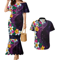 Hawaiian Plumeria-Polynesian Art Tattoo Mauve Color Couples Matching Mermaid Dress and Hawaiian Shirt