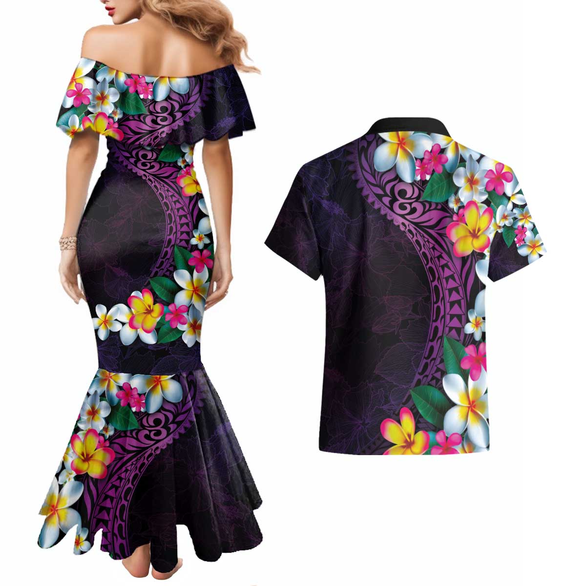 Hawaiian Plumeria-Polynesian Art Tattoo Mauve Color Couples Matching Mermaid Dress and Hawaiian Shirt