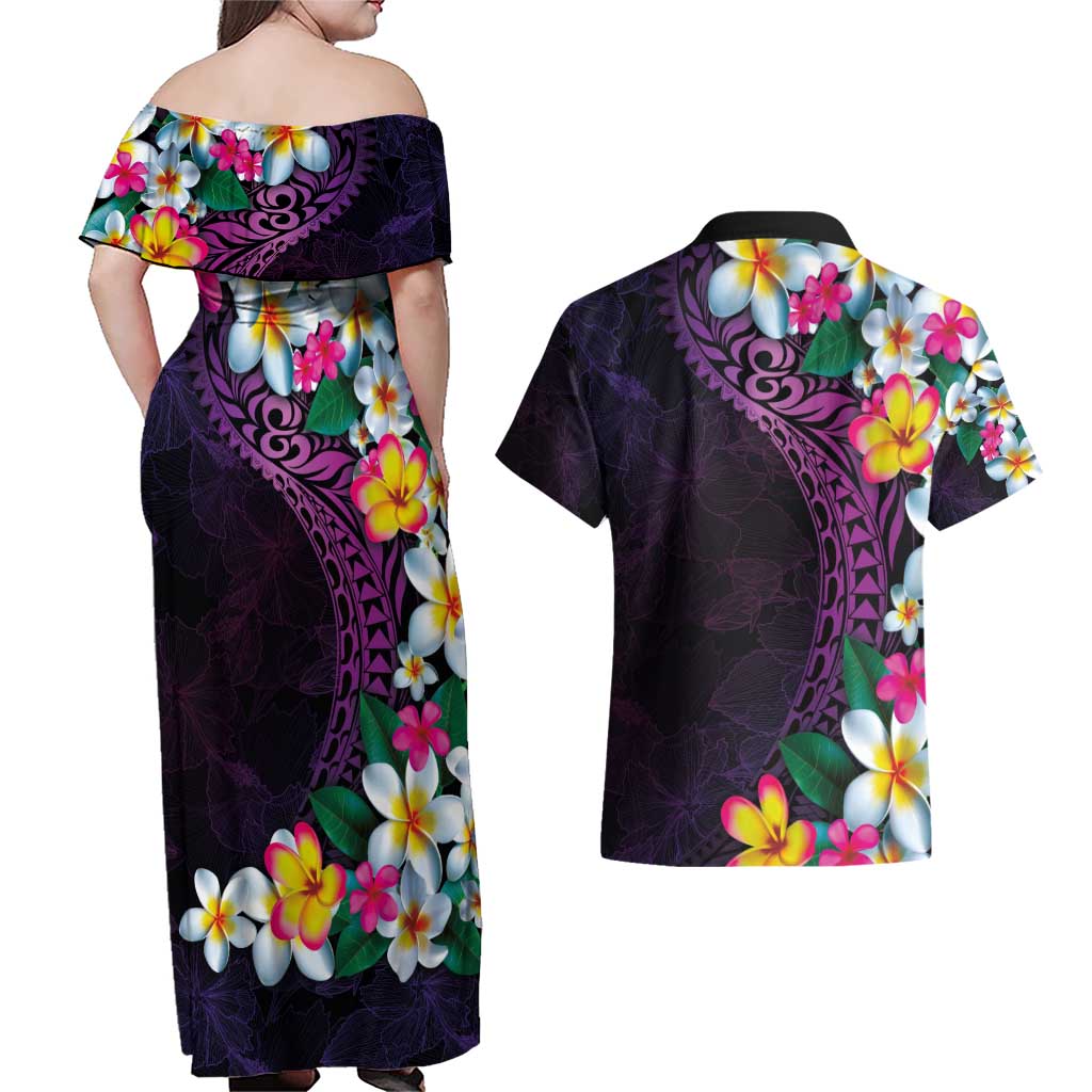 Hawaiian Plumeria-Polynesian Art Tattoo Mauve Color Couples Matching Off Shoulder Maxi Dress and Hawaiian Shirt