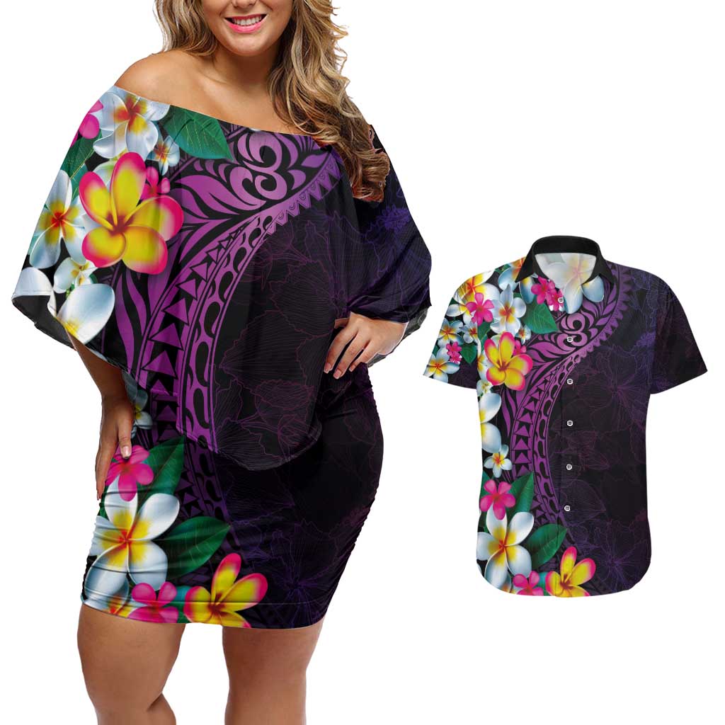 Hawaiian Plumeria-Polynesian Art Tattoo Mauve Color Couples Matching Off Shoulder Short Dress and Hawaiian Shirt