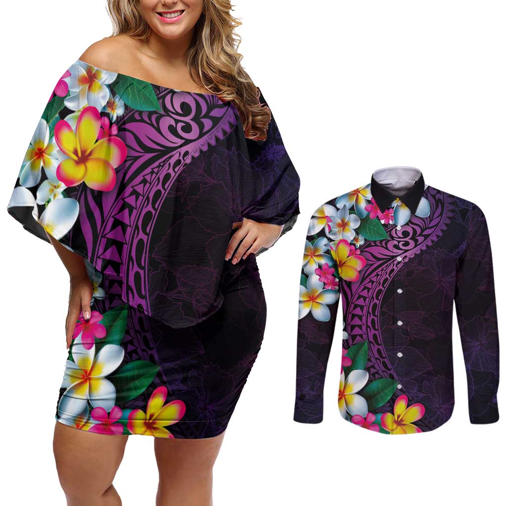 Hawaiian Plumeria-Polynesian Art Tattoo Mauve Color Couples Matching Off Shoulder Short Dress and Long Sleeve Button Shirt