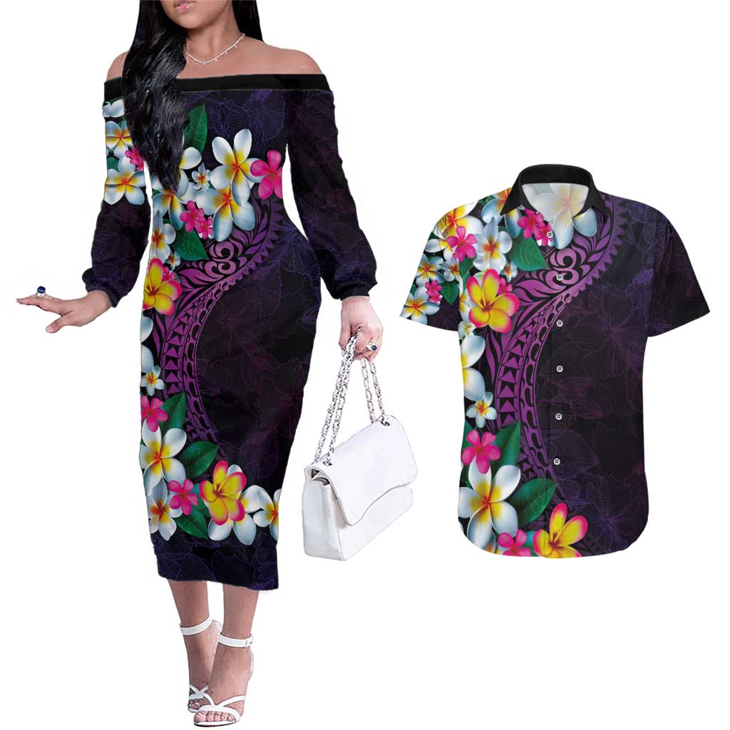 Hawaiian Plumeria-Polynesian Art Tattoo Mauve Color Couples Matching Off The Shoulder Long Sleeve Dress and Hawaiian Shirt