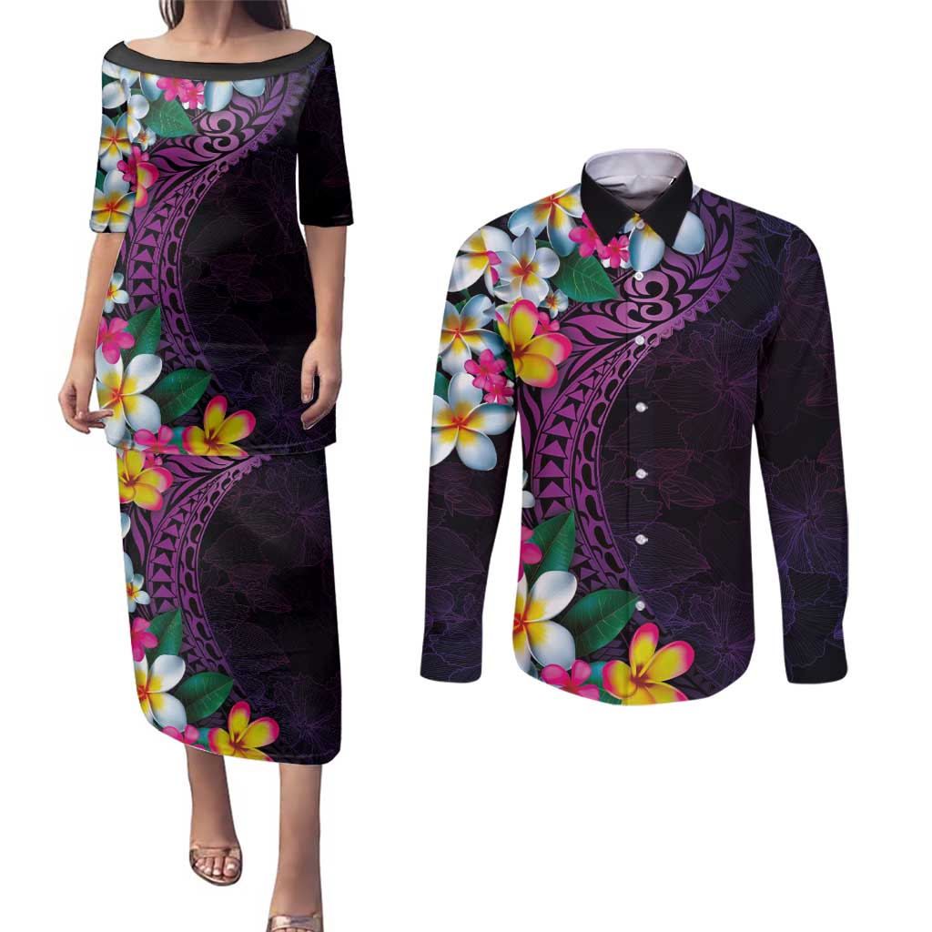 Hawaiian Plumeria-Polynesian Art Tattoo Mauve Color Couples Matching Puletasi and Long Sleeve Button Shirt