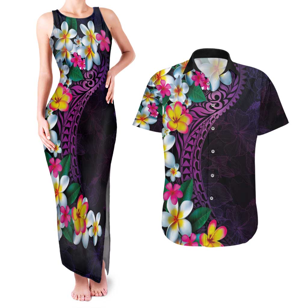 Hawaiian Plumeria-Polynesian Art Tattoo Mauve Color Couples Matching Tank Maxi Dress and Hawaiian Shirt