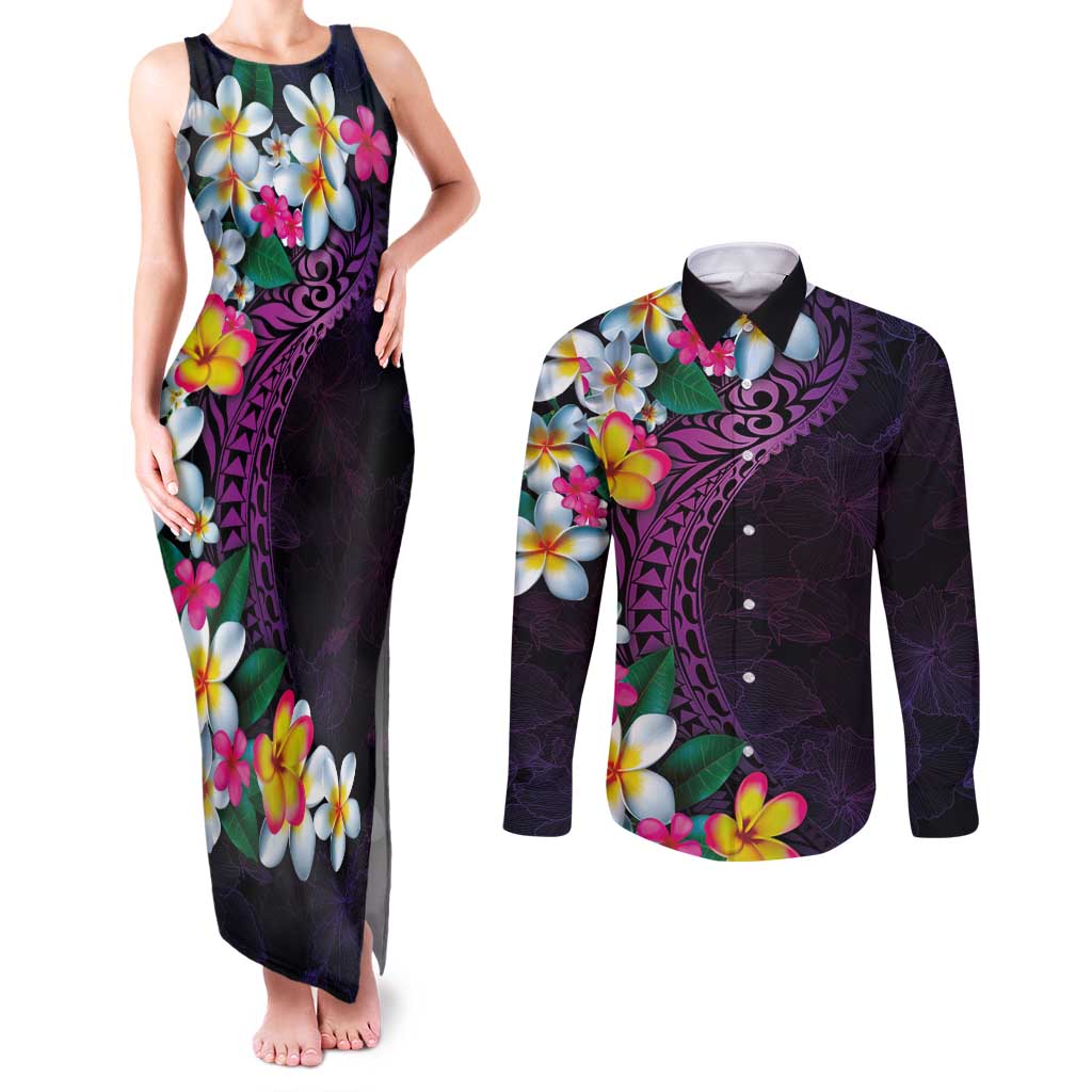 Hawaiian Plumeria-Polynesian Art Tattoo Mauve Color Couples Matching Tank Maxi Dress and Long Sleeve Button Shirt