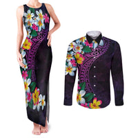 Hawaiian Plumeria-Polynesian Art Tattoo Mauve Color Couples Matching Tank Maxi Dress and Long Sleeve Button Shirt