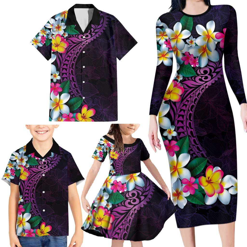 Hawaiian Plumeria-Polynesian Art Tattoo Mauve Color Family Matching Long Sleeve Bodycon Dress and Hawaiian Shirt