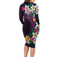 Hawaiian Plumeria-Polynesian Art Tattoo Mauve Color Family Matching Long Sleeve Bodycon Dress and Hawaiian Shirt