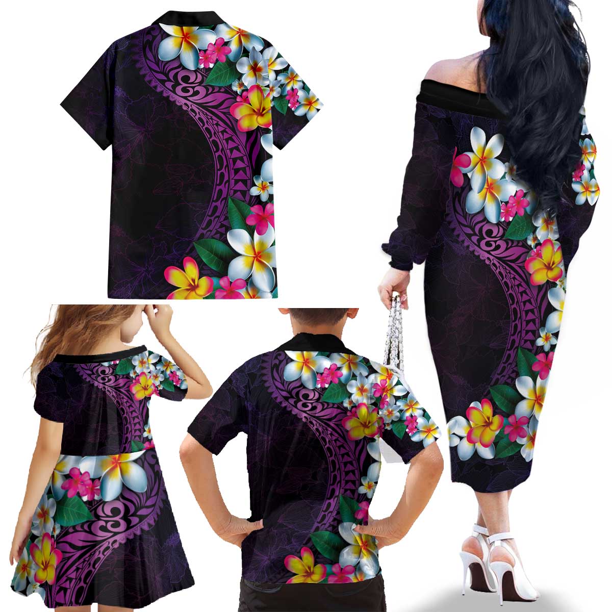 Hawaiian Plumeria-Polynesian Art Tattoo Mauve Color Family Matching Off The Shoulder Long Sleeve Dress and Hawaiian Shirt