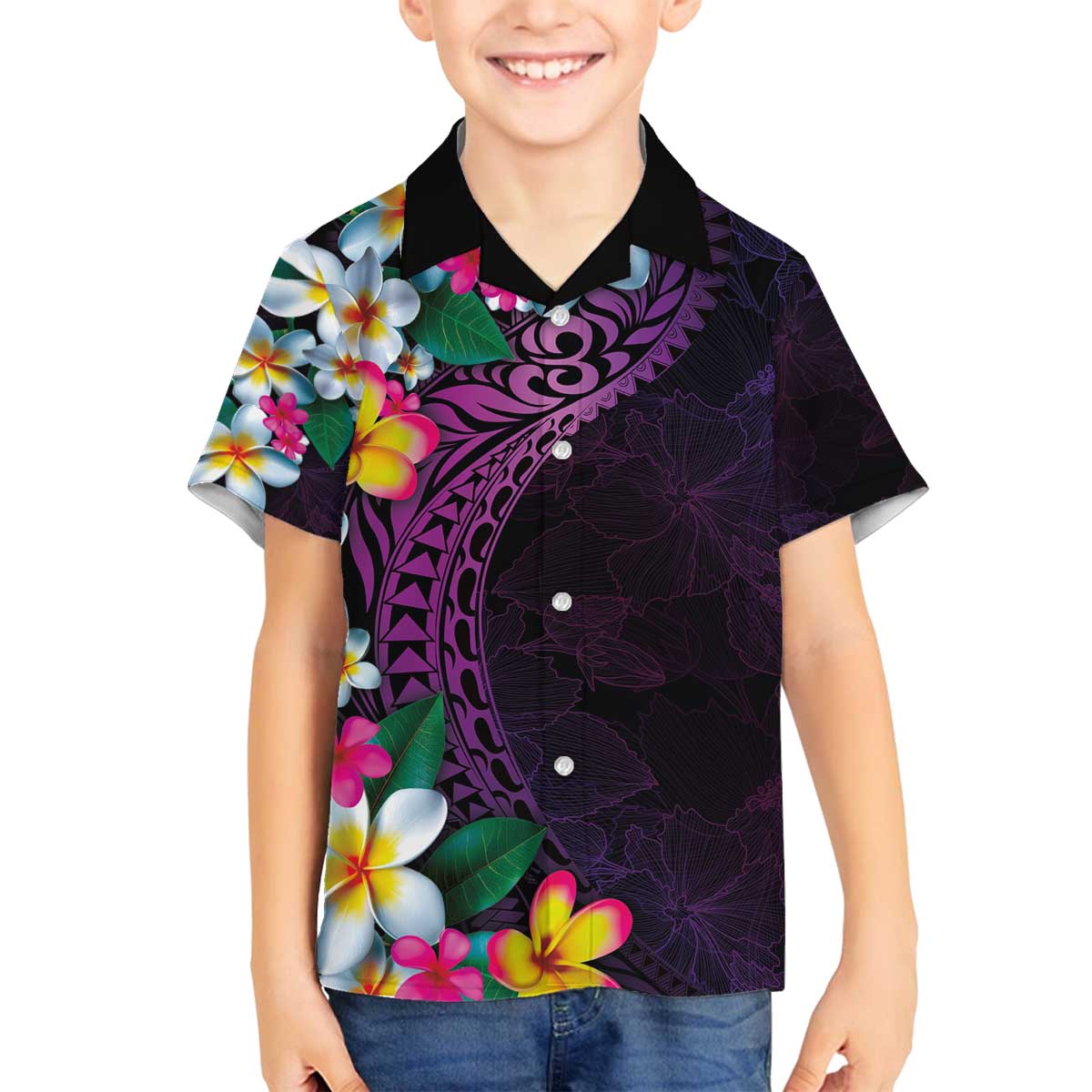 Hawaiian Plumeria-Polynesian Art Tattoo Mauve Color Family Matching Off The Shoulder Long Sleeve Dress and Hawaiian Shirt