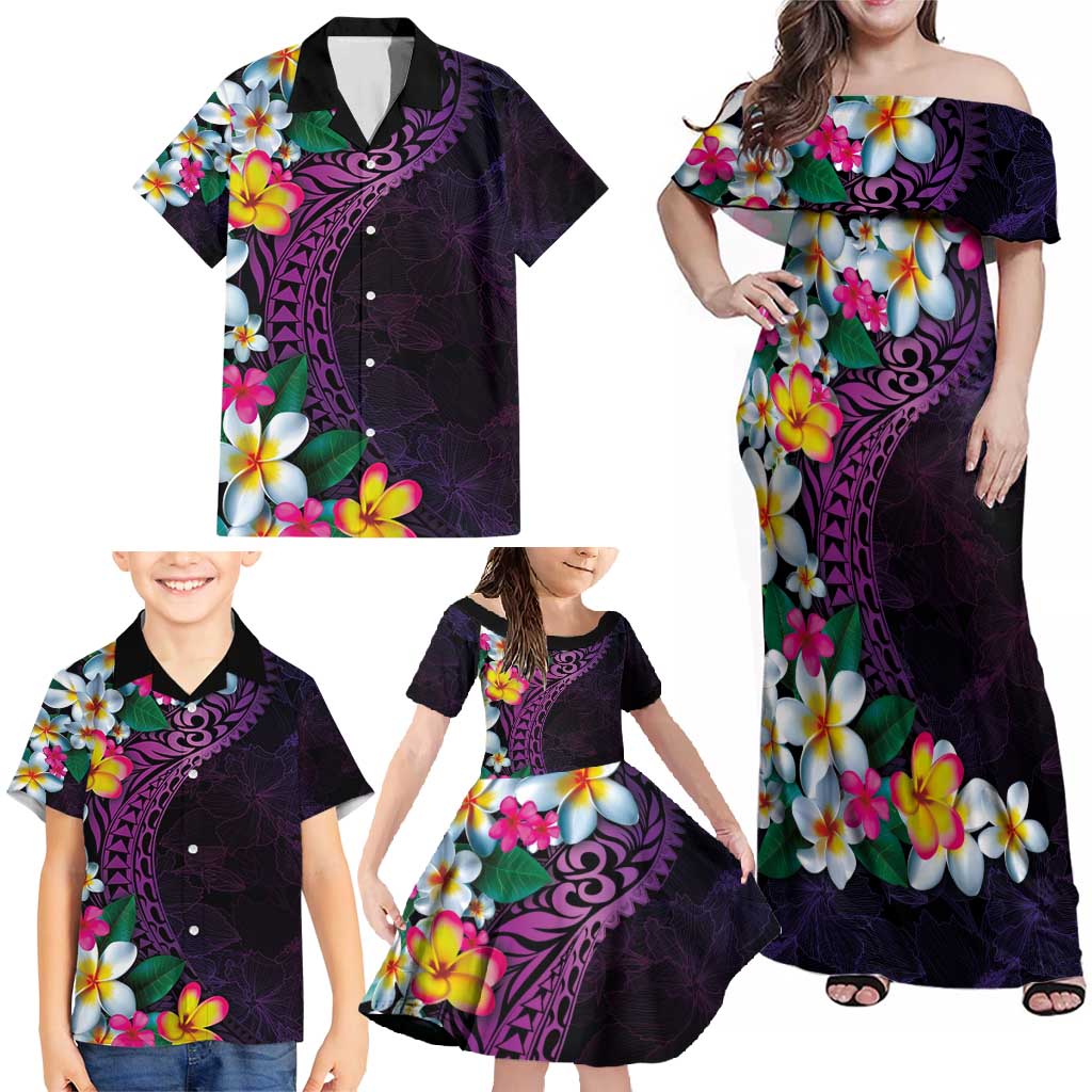 Hawaiian Plumeria-Polynesian Art Tattoo Mauve Color Family Matching Off Shoulder Maxi Dress and Hawaiian Shirt