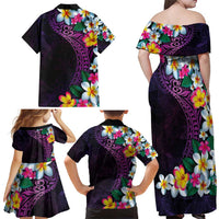 Hawaiian Plumeria-Polynesian Art Tattoo Mauve Color Family Matching Off Shoulder Maxi Dress and Hawaiian Shirt