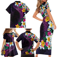 Hawaiian Plumeria-Polynesian Art Tattoo Mauve Color Family Matching Short Sleeve Bodycon Dress and Hawaiian Shirt