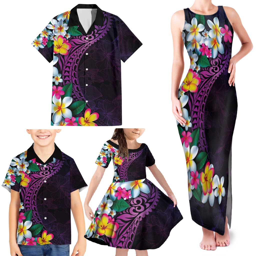 Hawaiian Plumeria-Polynesian Art Tattoo Mauve Color Family Matching Tank Maxi Dress and Hawaiian Shirt