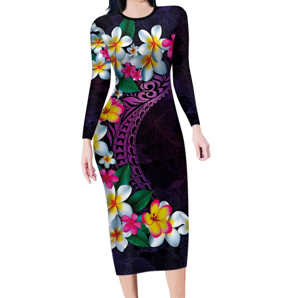 Hawaiian Plumeria-Polynesian Art Tattoo Mauve Color Long Sleeve Bodycon Dress
