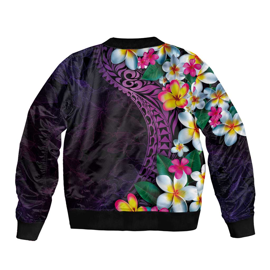 Hawaiian Plumeria-Polynesian Art Tattoo Mauve Color Sleeve Zip Bomber Jacket