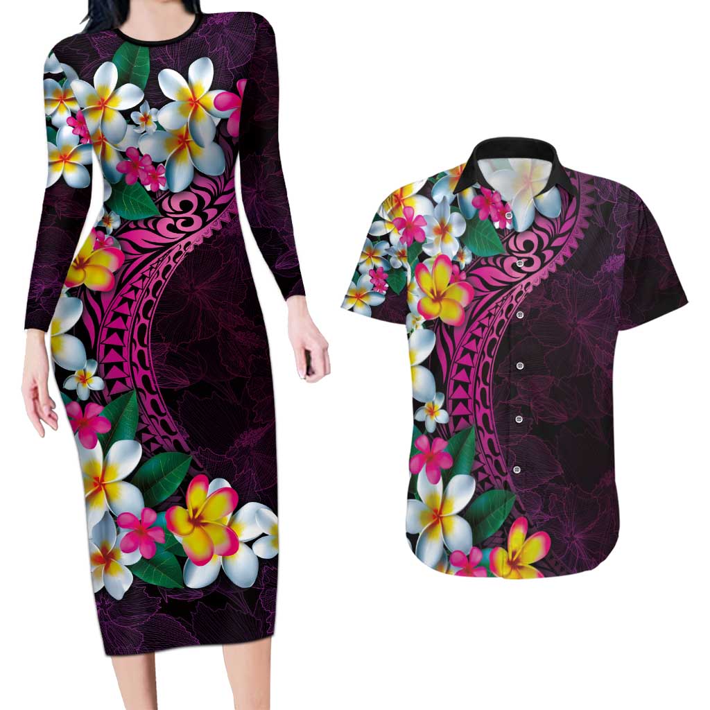 Hawaiian Plumeria-Polynesian Art Tattoo Plum Pink Color Couples Matching Long Sleeve Bodycon Dress and Hawaiian Shirt