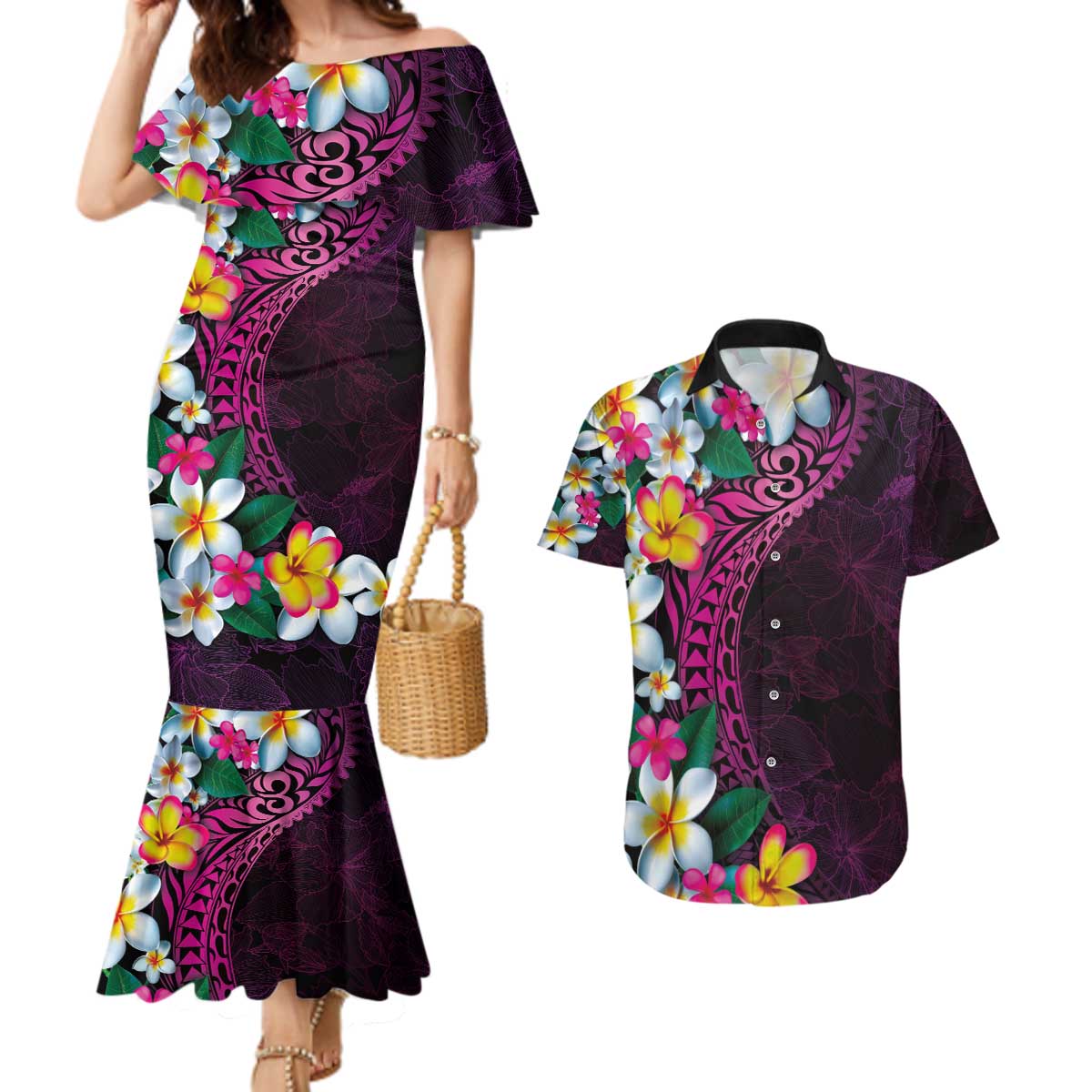 Hawaiian Plumeria-Polynesian Art Tattoo Plum Pink Color Couples Matching Mermaid Dress and Hawaiian Shirt