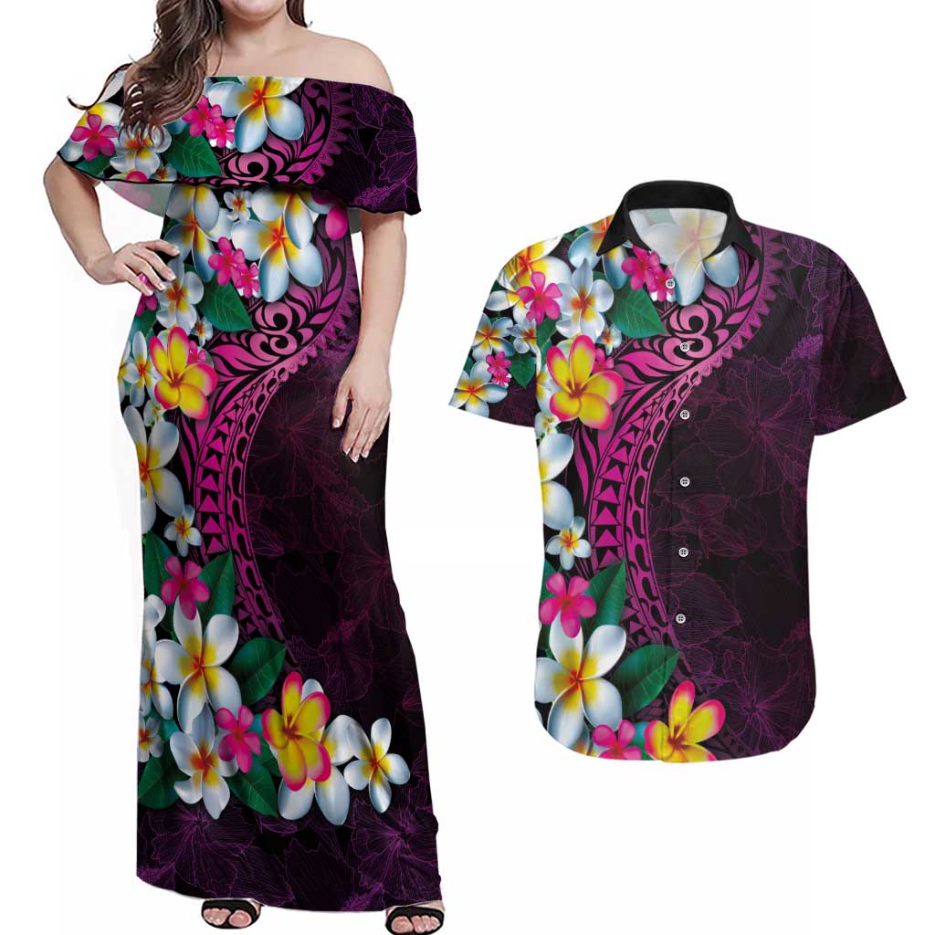 Hawaiian Plumeria-Polynesian Art Tattoo Plum Pink Color Couples Matching Off Shoulder Maxi Dress and Hawaiian Shirt