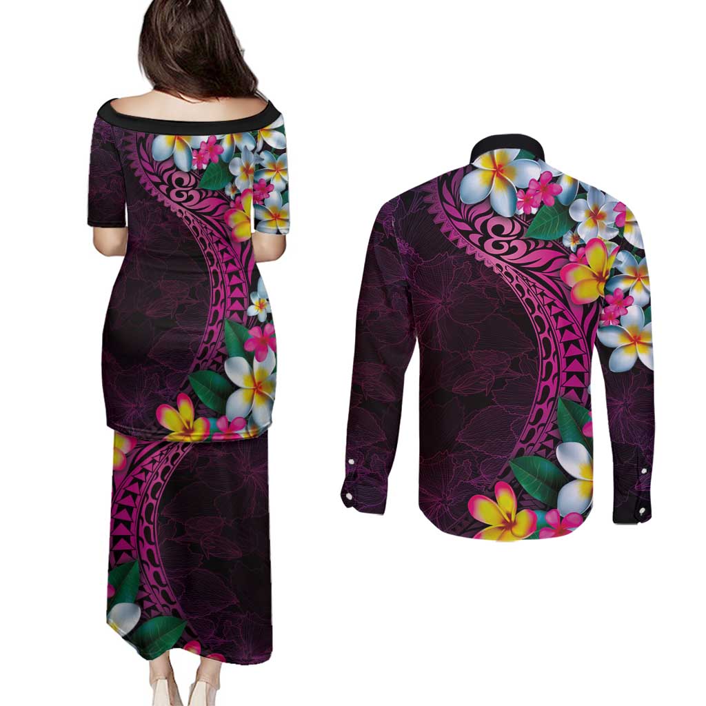Hawaiian Plumeria-Polynesian Art Tattoo Plum Pink Color Couples Matching Puletasi and Long Sleeve Button Shirt