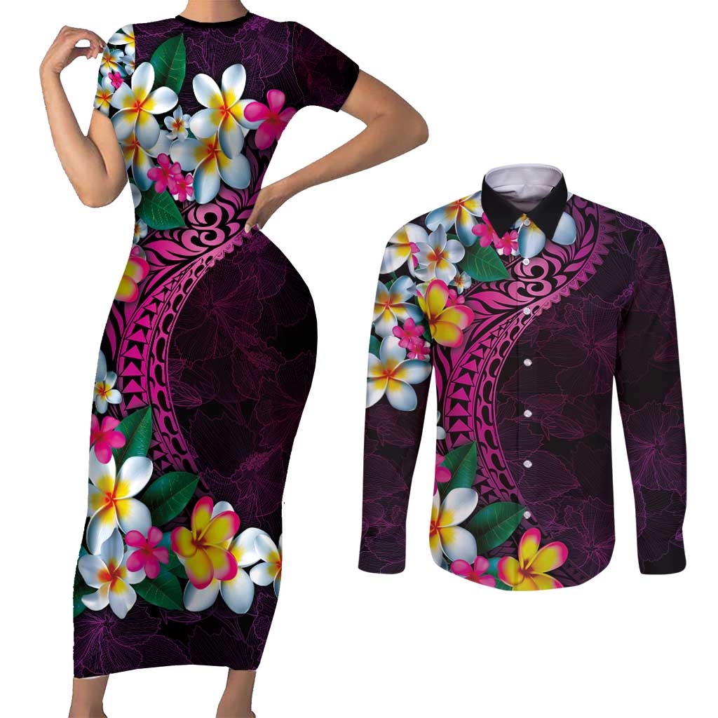 Hawaiian Plumeria-Polynesian Art Tattoo Plum Pink Color Couples Matching Short Sleeve Bodycon Dress and Long Sleeve Button Shirt