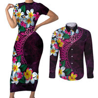 Hawaiian Plumeria-Polynesian Art Tattoo Plum Pink Color Couples Matching Short Sleeve Bodycon Dress and Long Sleeve Button Shirt