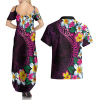 Hawaiian Plumeria-Polynesian Art Tattoo Plum Pink Color Couples Matching Summer Maxi Dress and Hawaiian Shirt